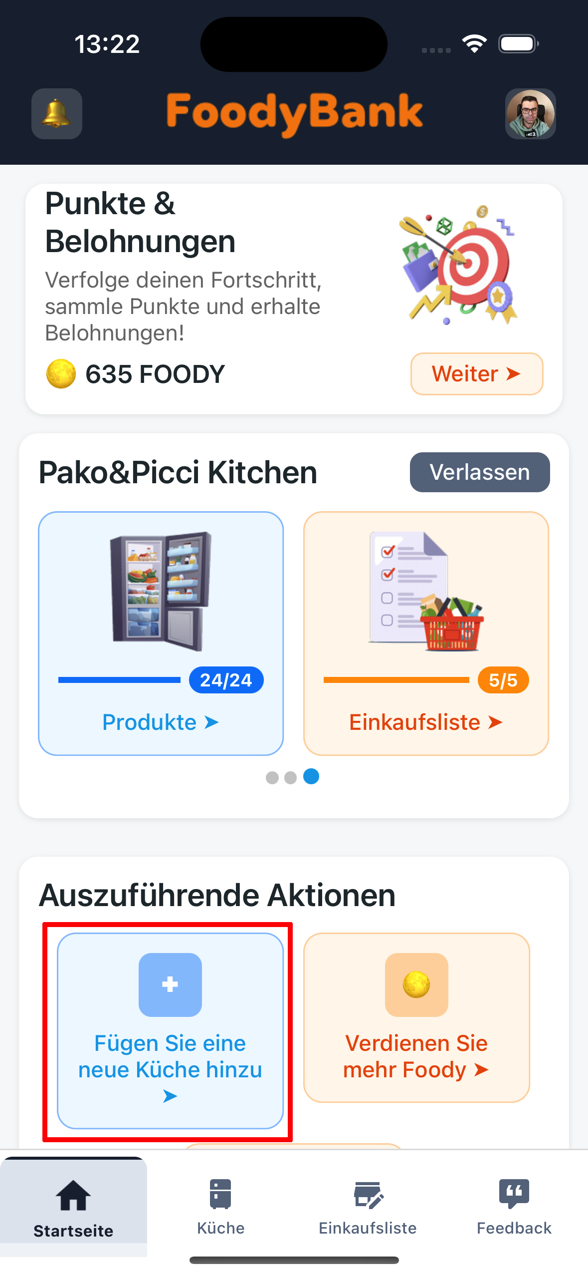 Küche von der Startseite hinzufügen