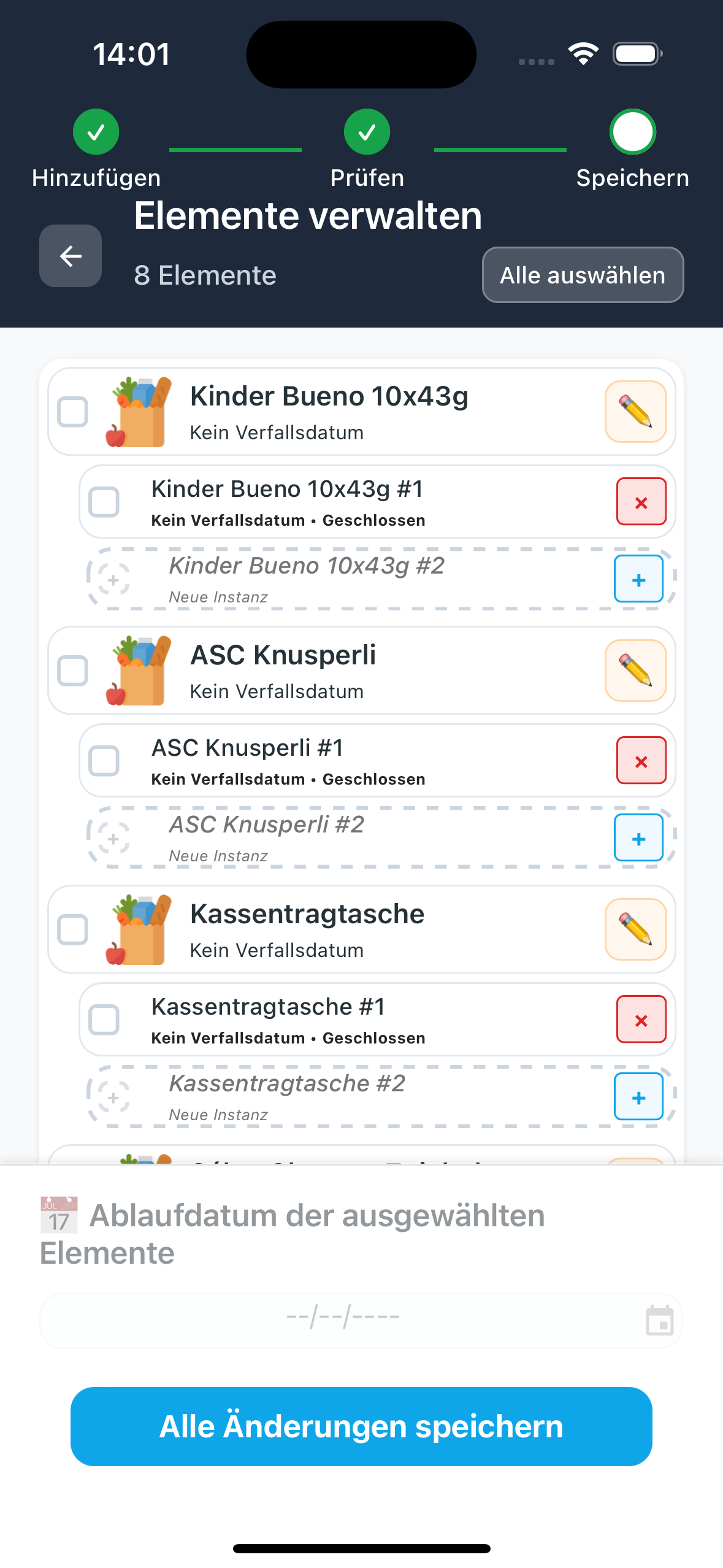 Produktzusammenfassungsbildschirm