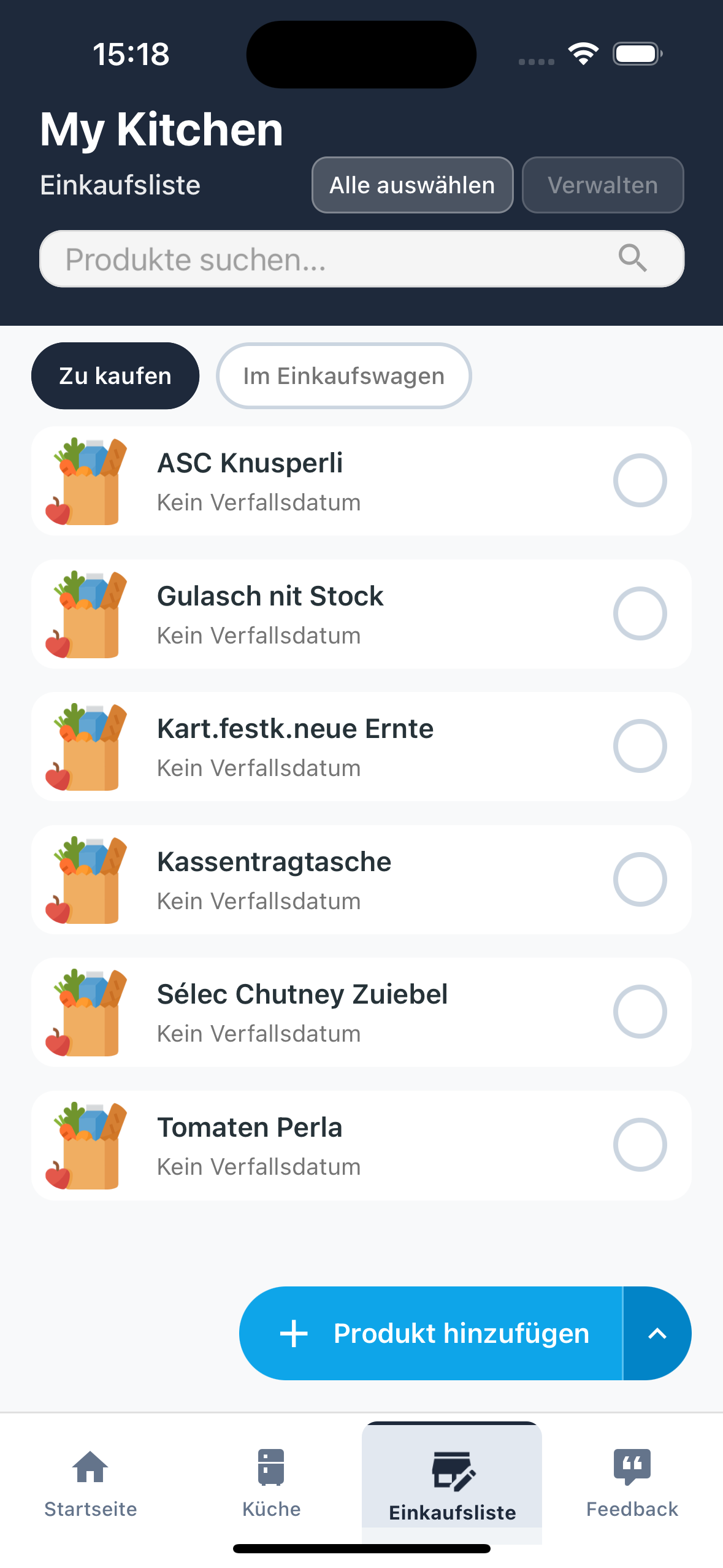 Einkaufsliste Bildschirm