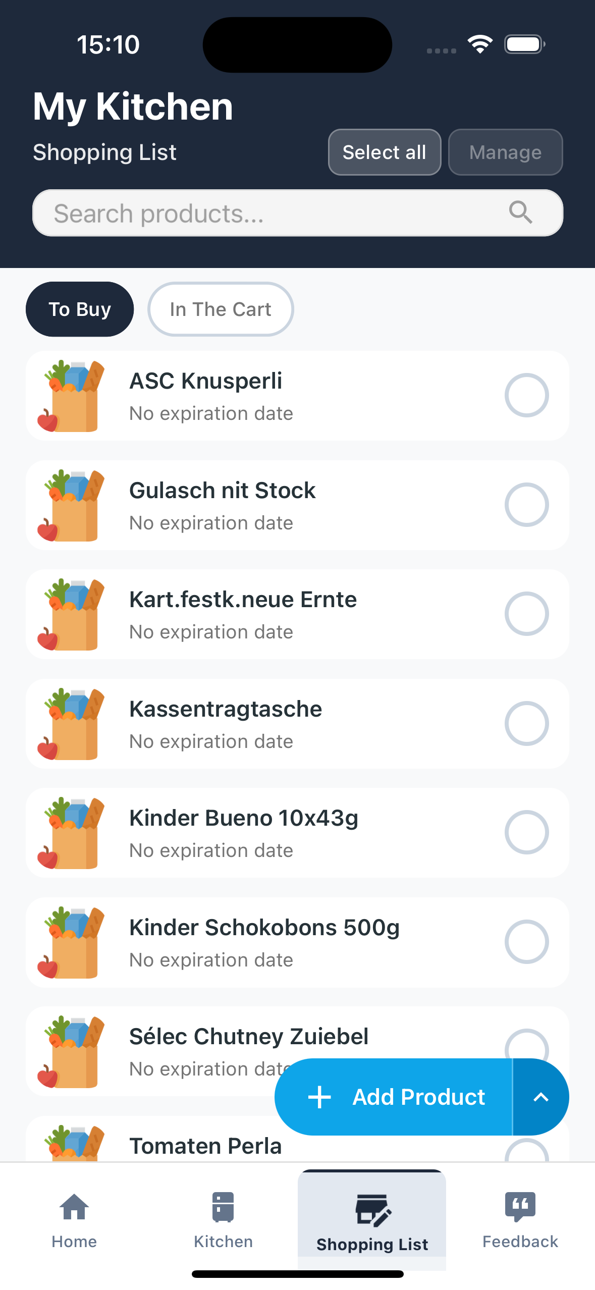 Shopping list screen