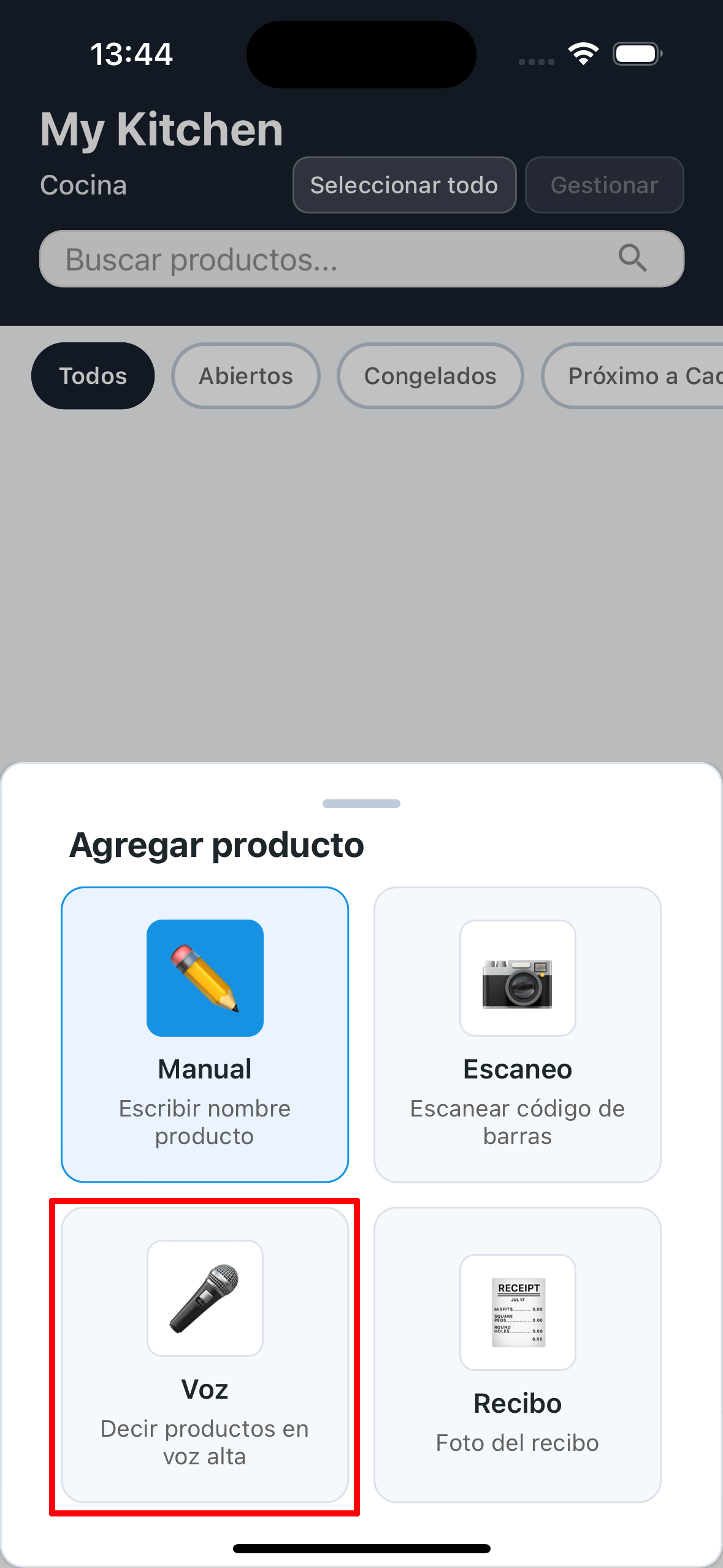 Menú opciones