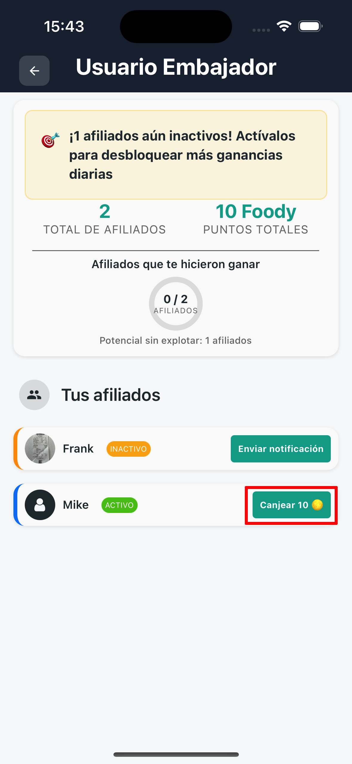Botón canjear puntos
