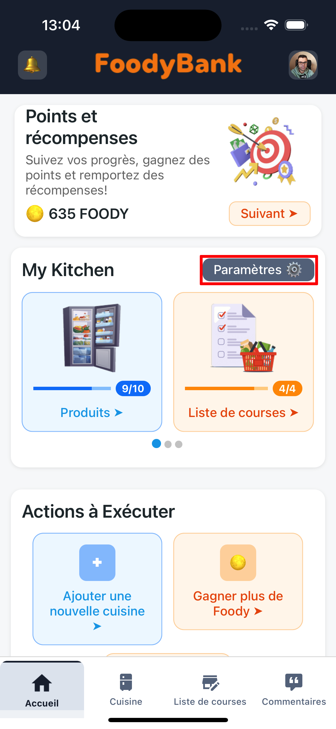 Bouton Paramètres