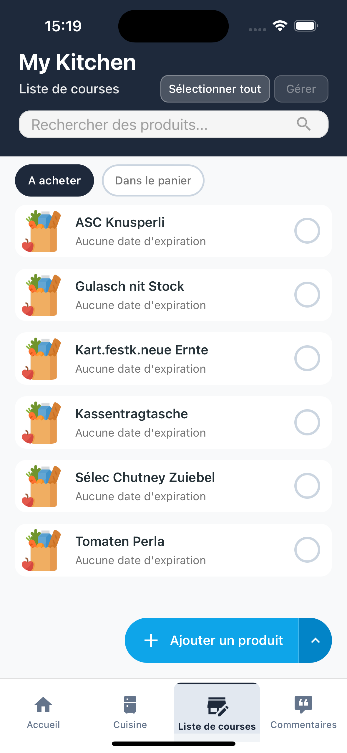 Écran liste de courses