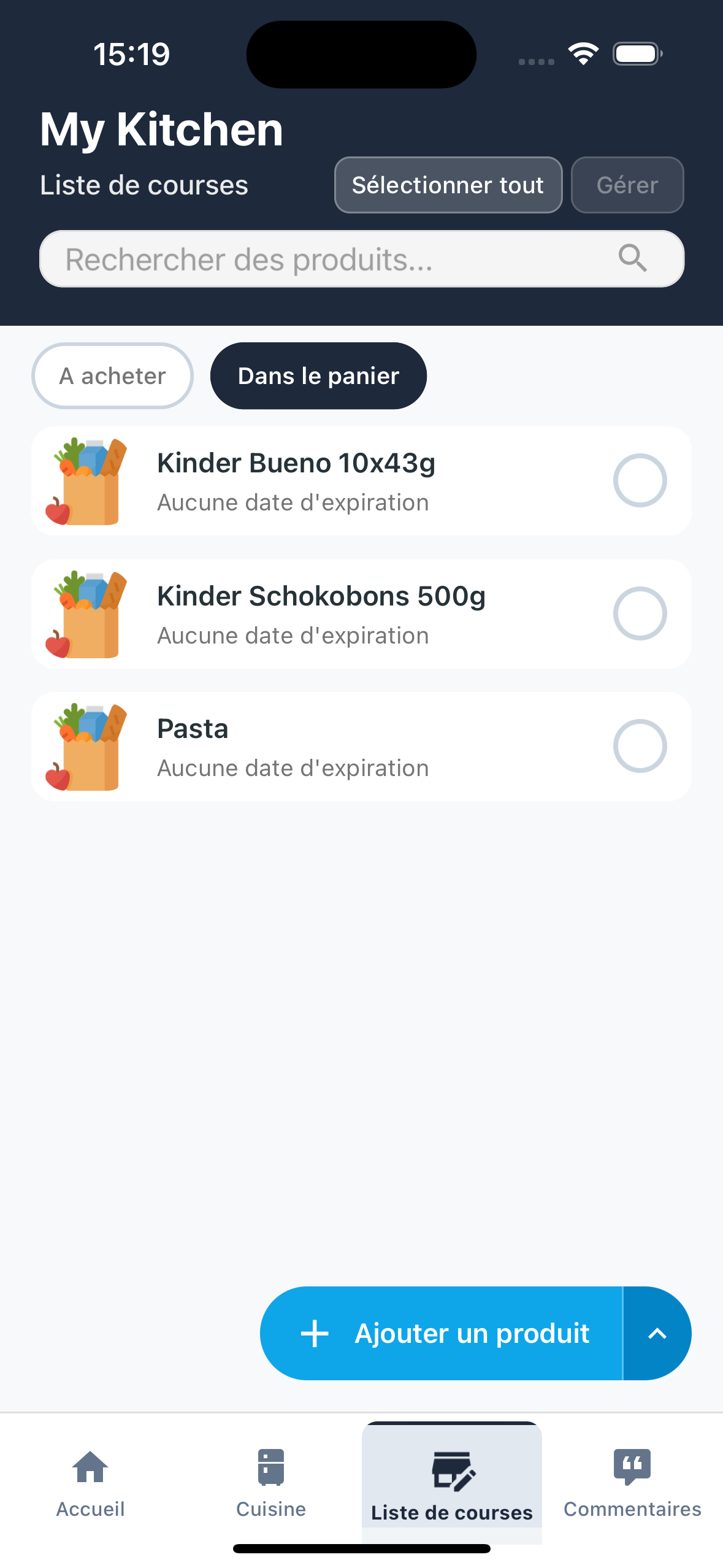 Filtres liste de courses