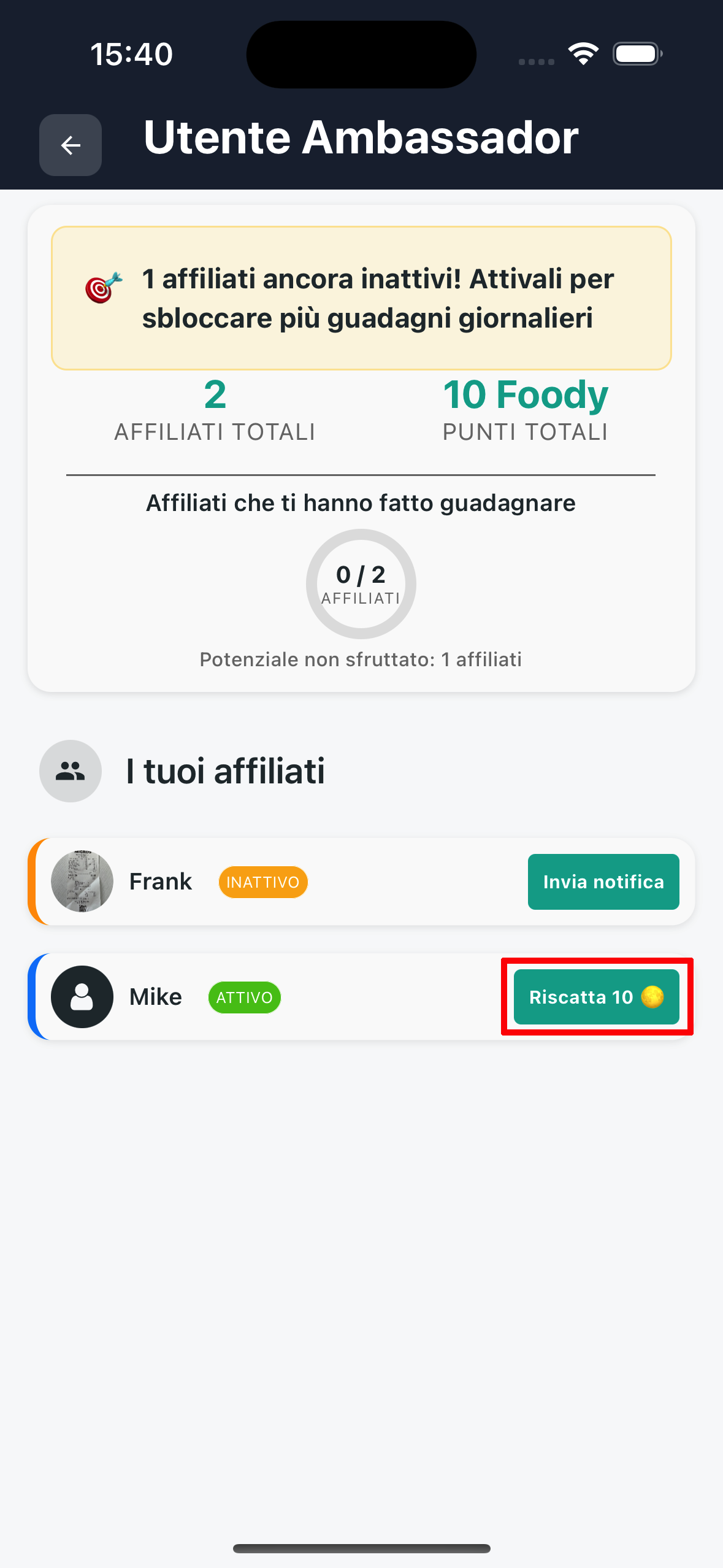 Pulsante riscatta punti